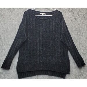 Seven7 Sweater‎ Womens Medium Black Velour Long Sleeve High Low Slit Pullover